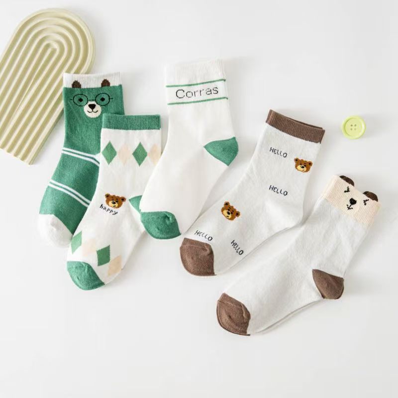 Cotton Crew Sock Pack - 5 Pack Toddler Cartoon Bear Pattern